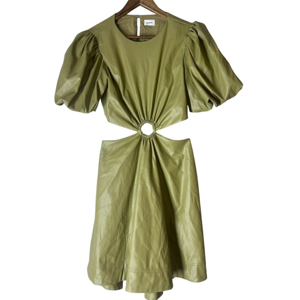 Aureum Green Faux Leather Dress Womens Sz S Open Back Feminine Puff Sleeve